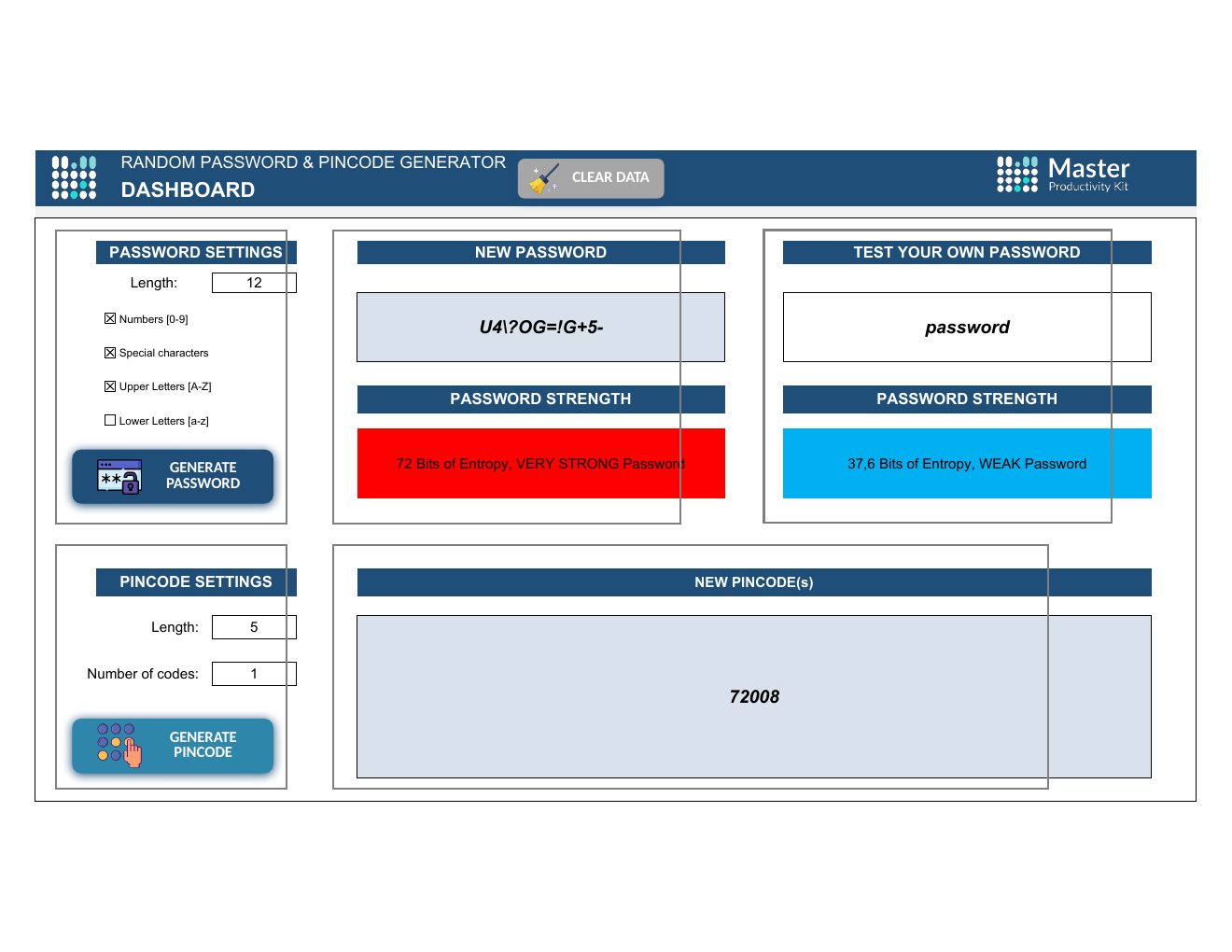 Password and Pin Code Generator Spreadsheet Template workbook preview