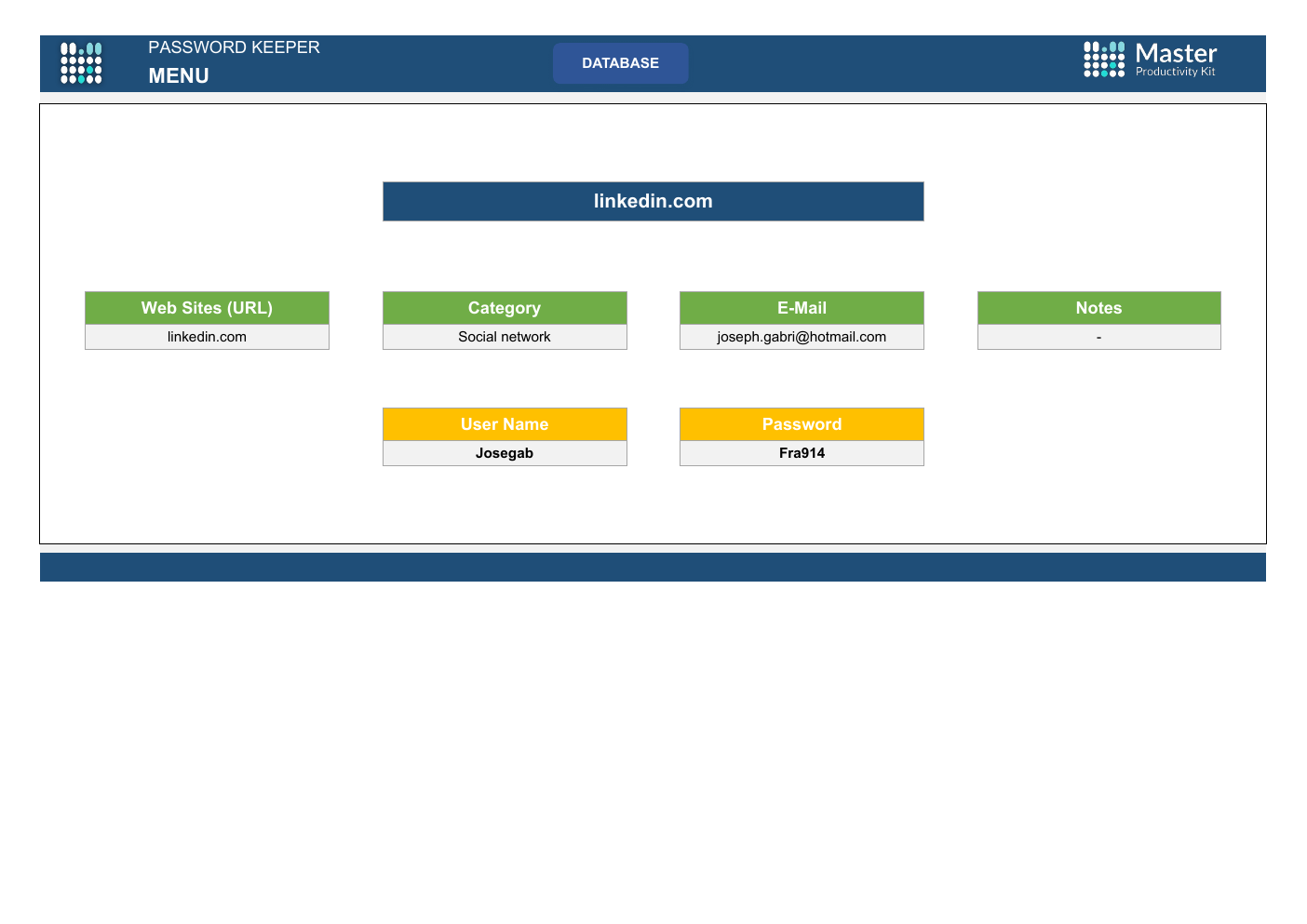 Excel Password Keeper Template workbook preview 2