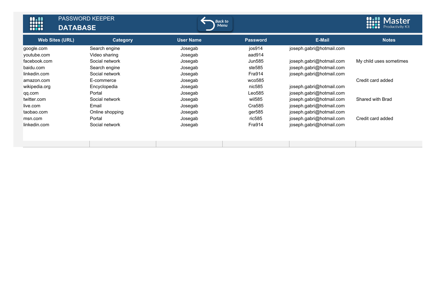 Excel Password Keeper Template workbook preview