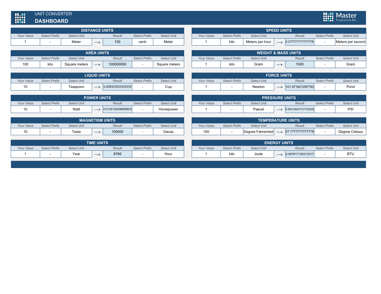 Unit Converter Workbook Template for Excel workbook preview