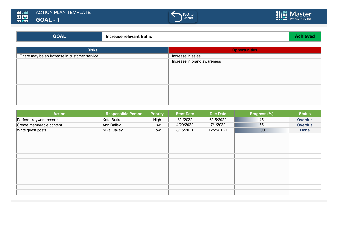 Automated Action Plan Excel Template workbook preview