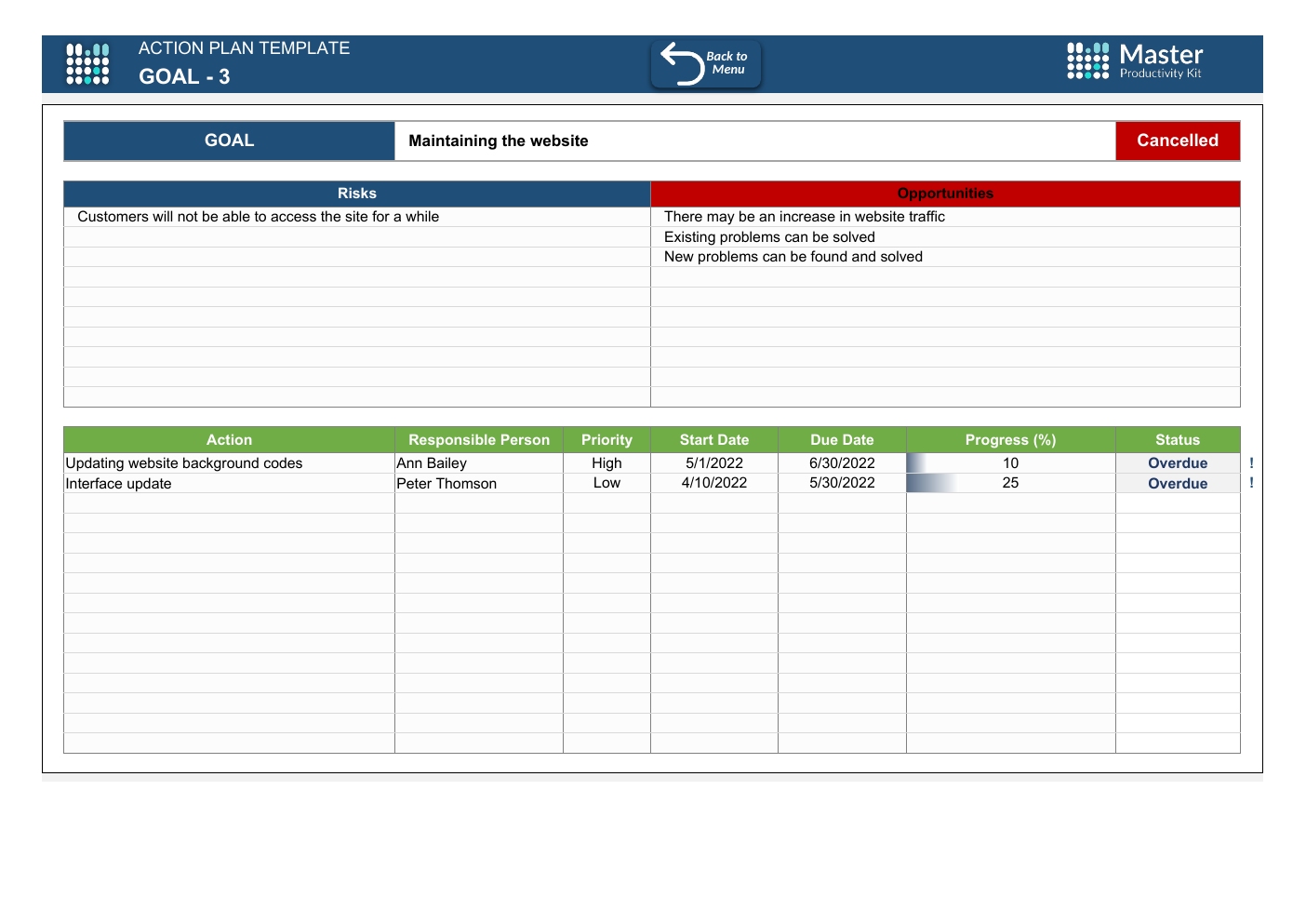 Automated Action Plan Excel Template workbook preview 4
