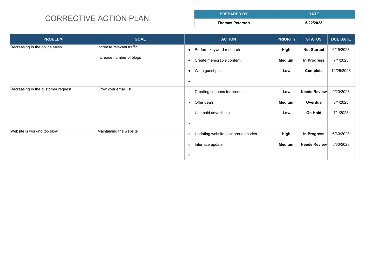 Corrective Action Plan Spreadsheet Template workbook preview