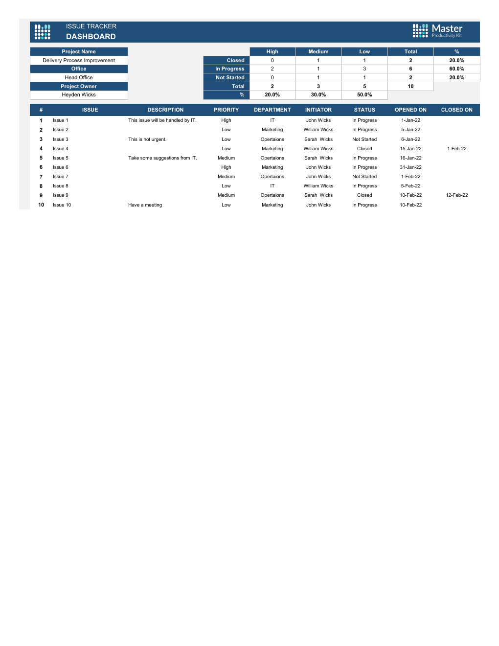 Automated Issue Tracker Excel Template workbook preview