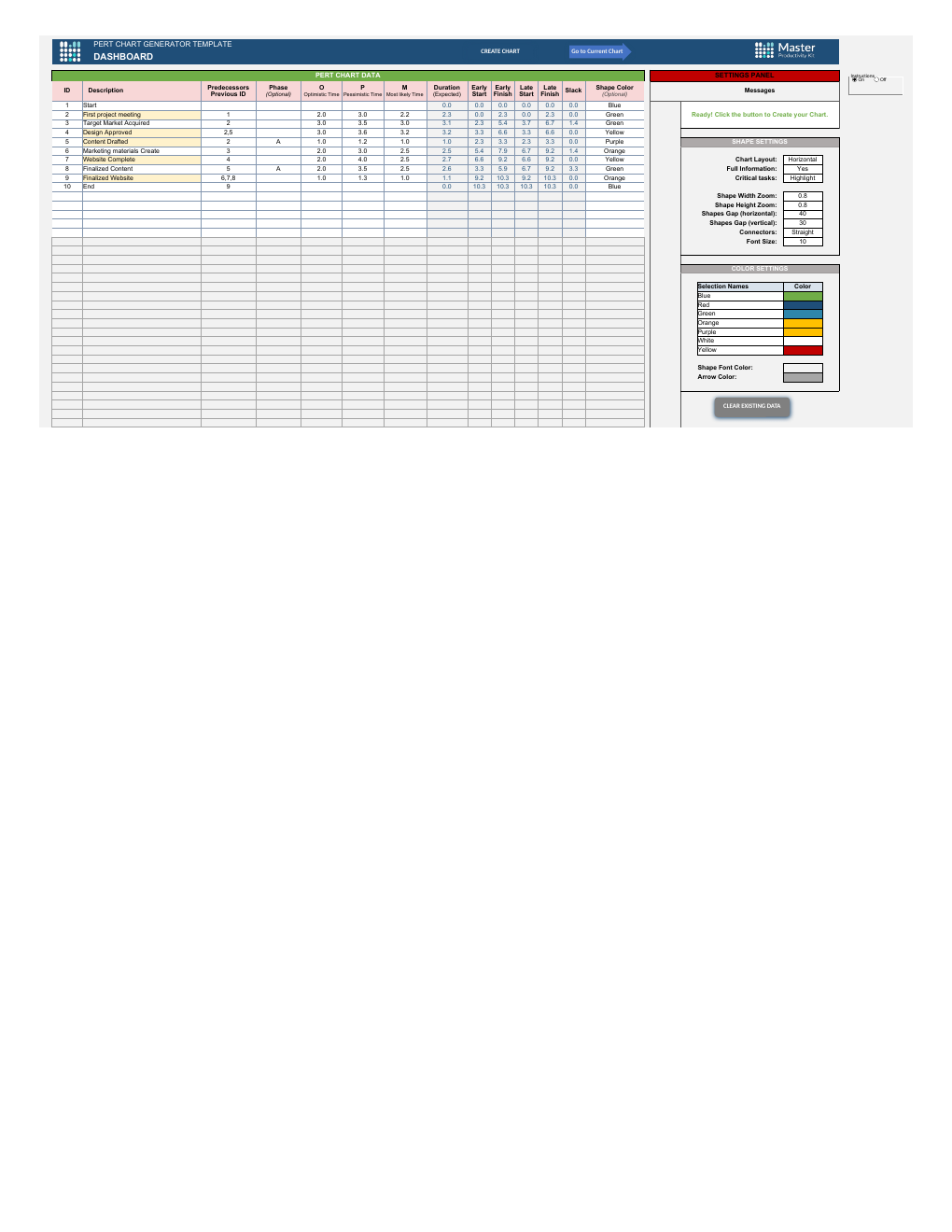 Pert Chart Generator Workbook Template for Excel workbook preview