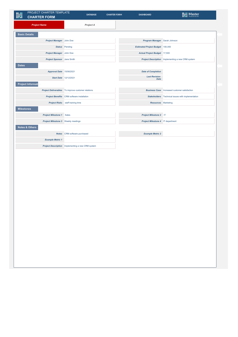 Project Charter Template for Excel workbook preview 3
