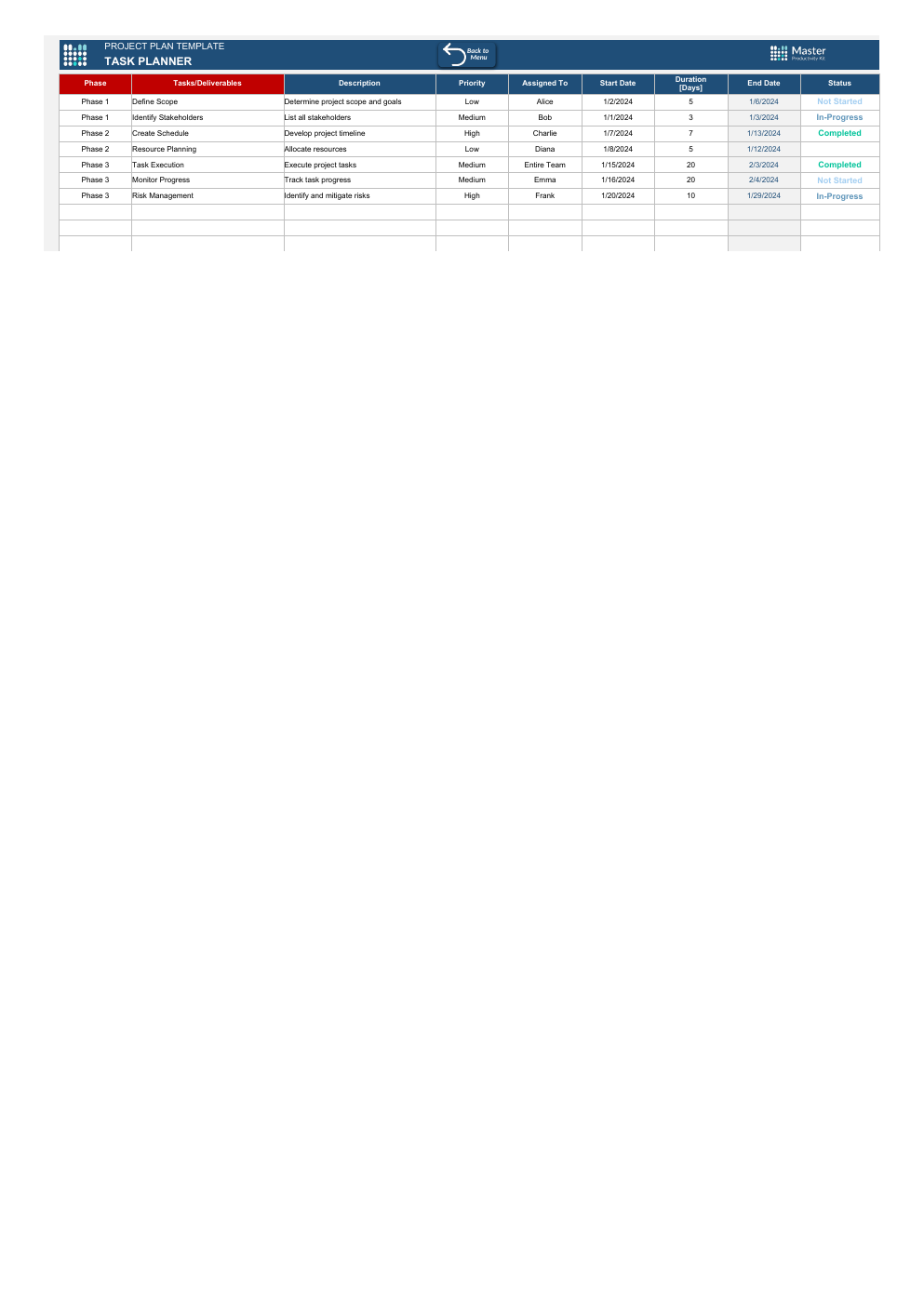 Project Plan Workbook Template for Excel workbook preview 3