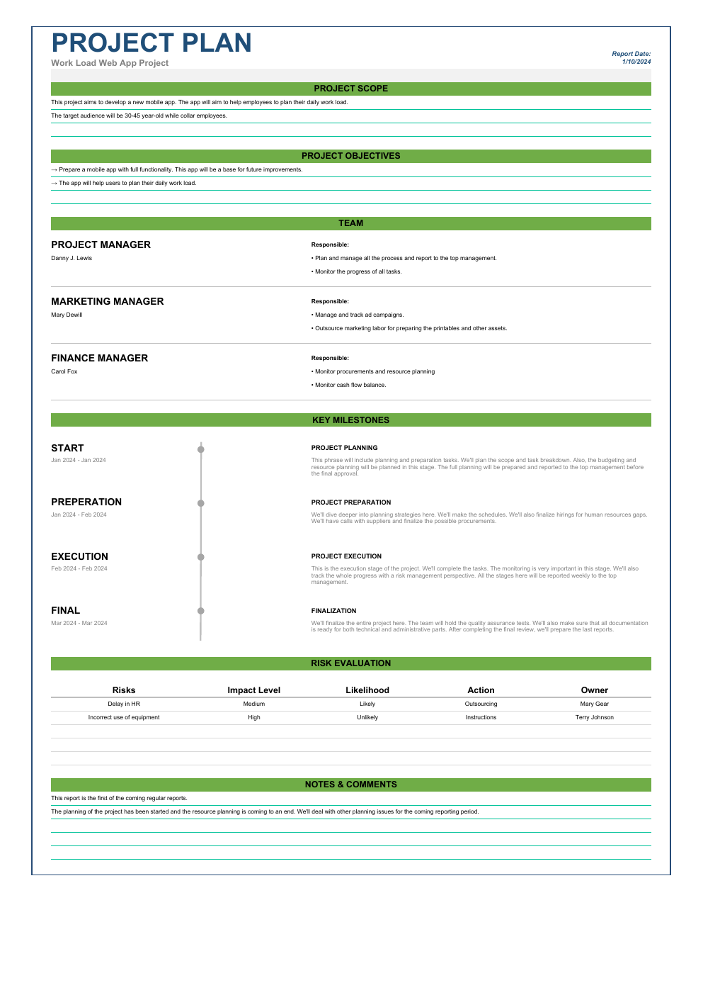 Project Plan Workbook Template for Excel workbook preview