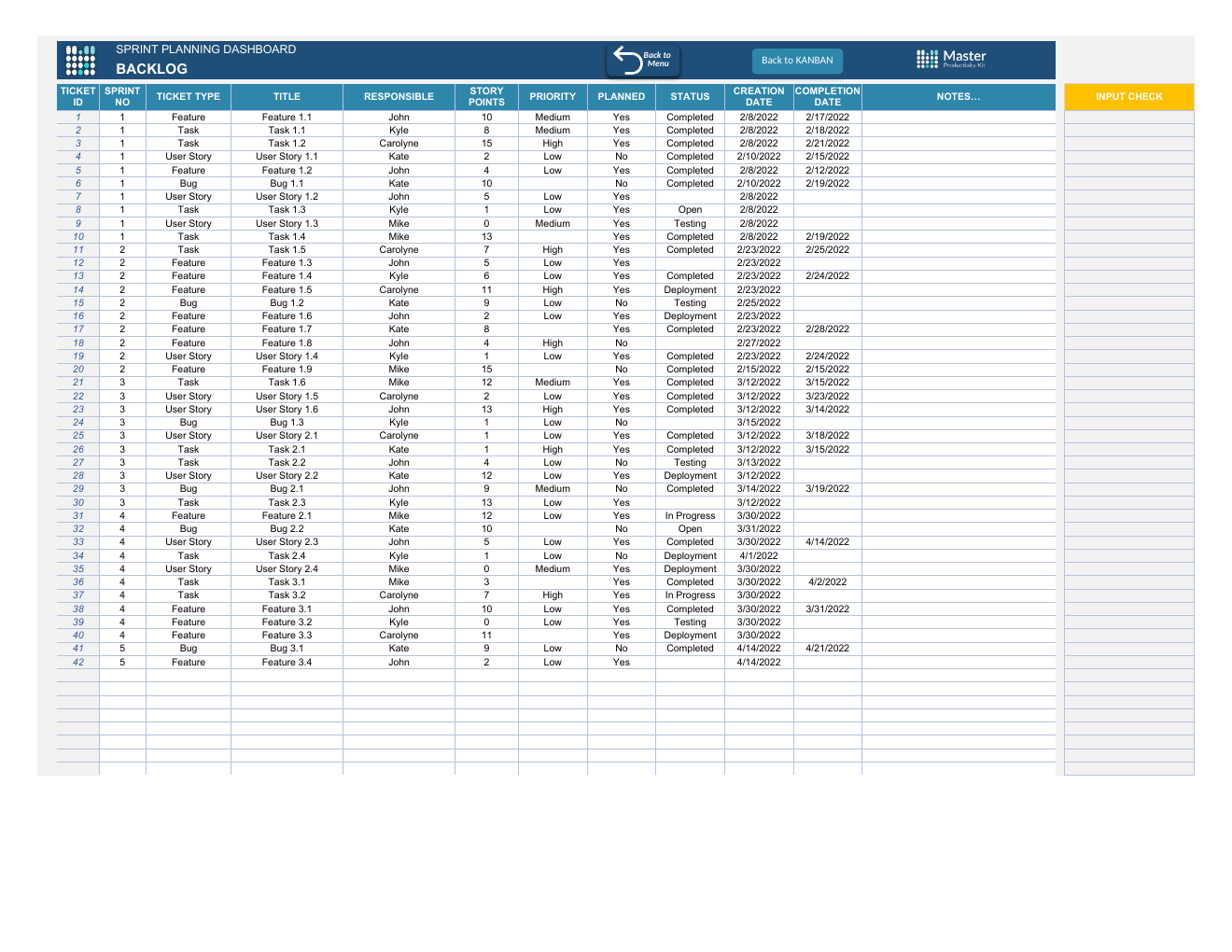 Sprint Planning Template for Excel workbook preview