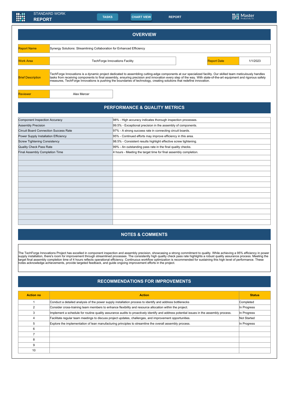 Standard Work Template for Excel workbook preview
