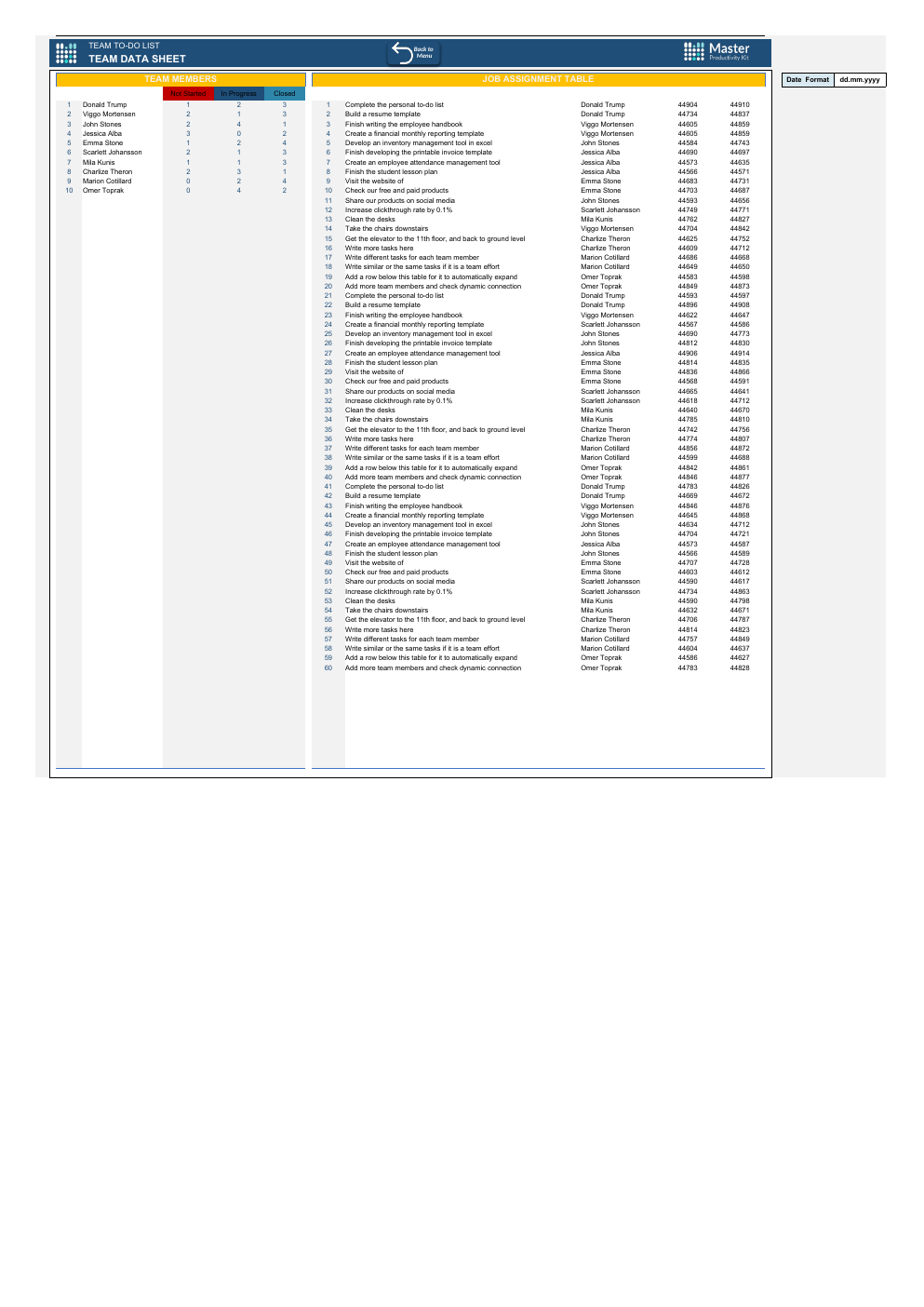 Team to Do List Excel Template workbook preview