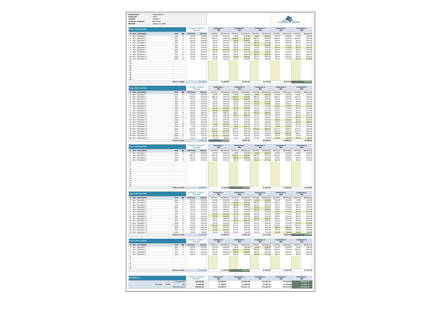Contractor Bid Template for Excel workbook preview