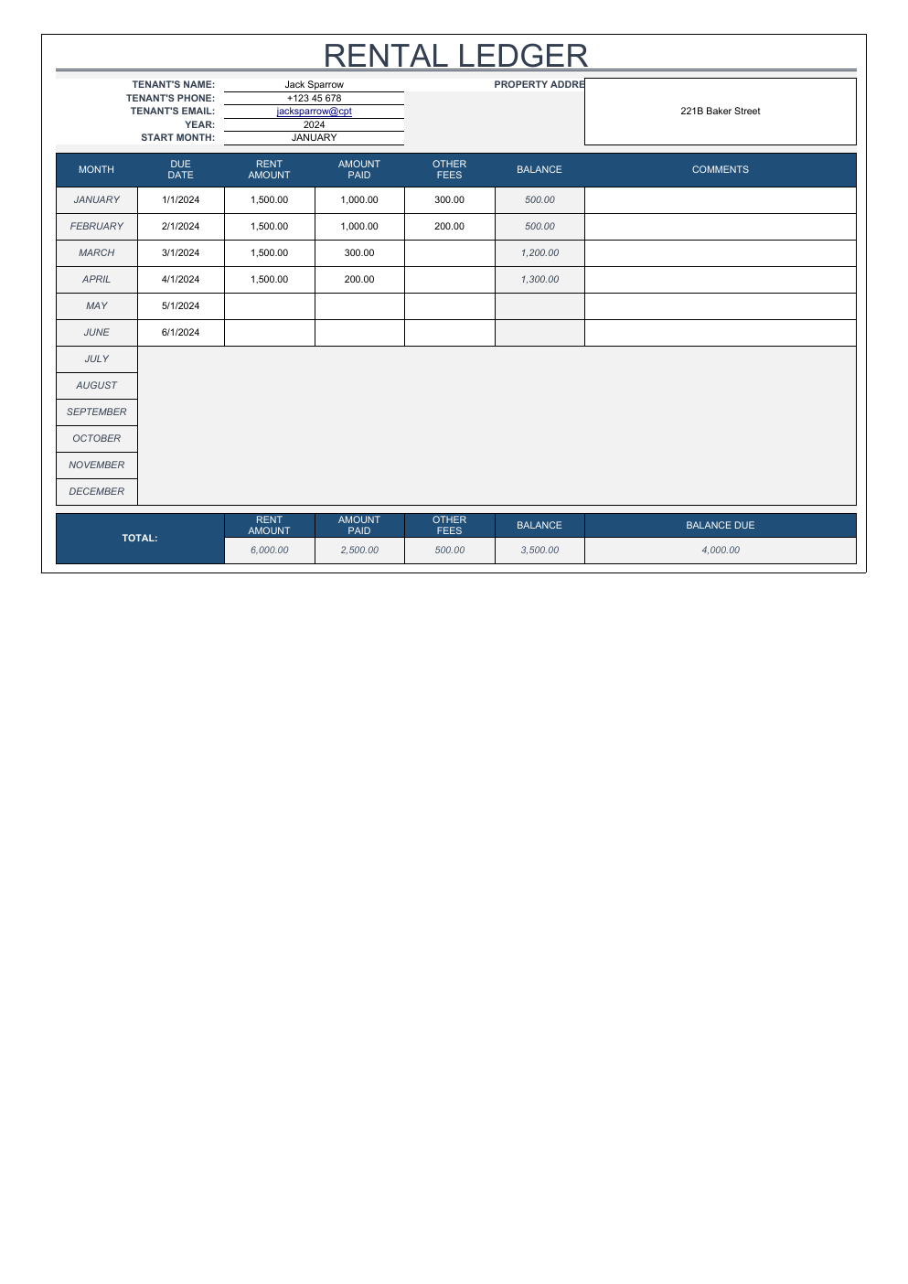Excel Rent Ledger Template workbook preview