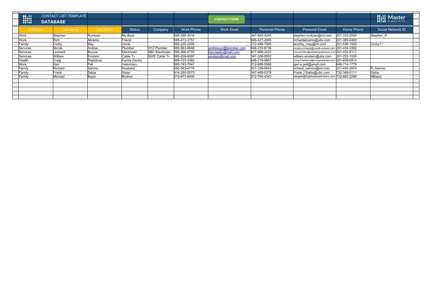 Automated Contact List Excel Template workbook preview