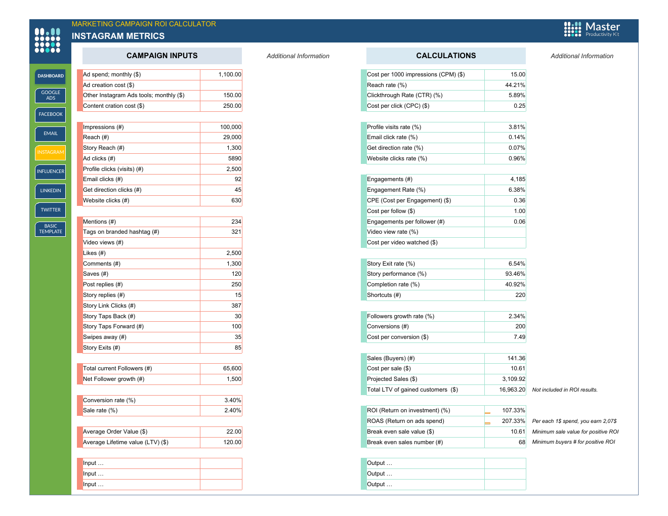 Marketing ROI Calculator Template for Excel workbook preview