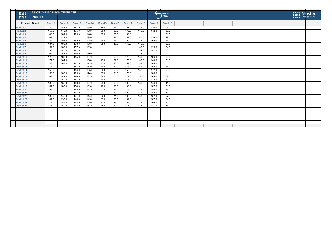 Price Comparison Workbook Template for Excel workbook preview