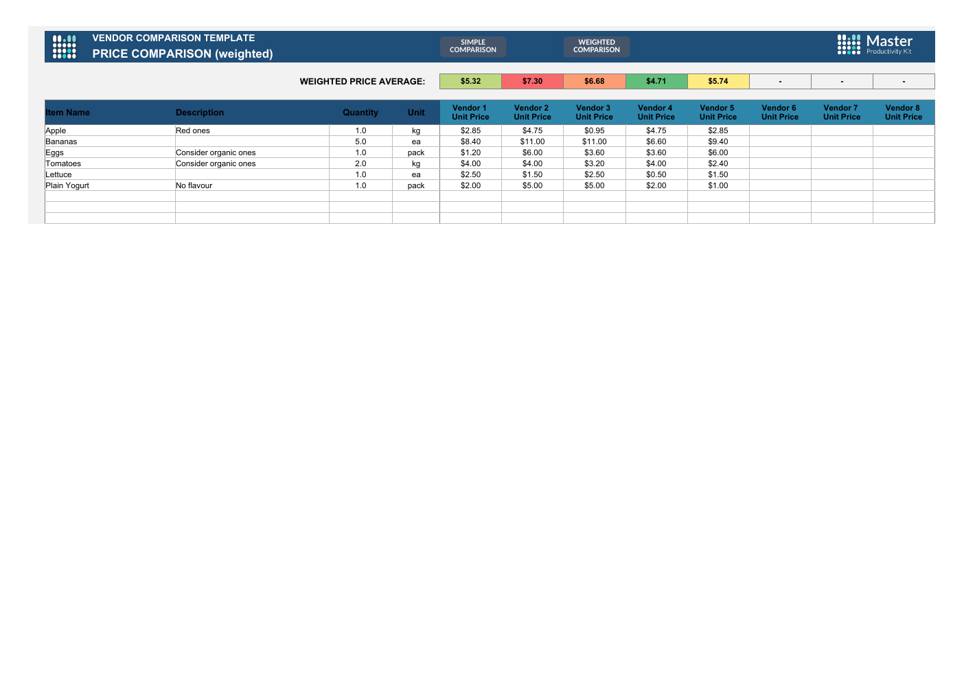Vendor Comparison Workbook Template for Excel workbook preview